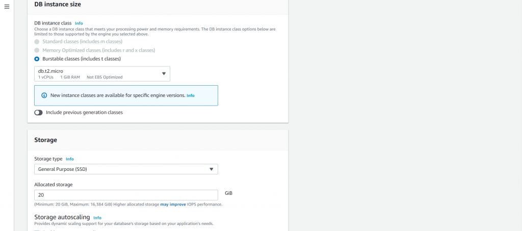 Select type of RDS instance