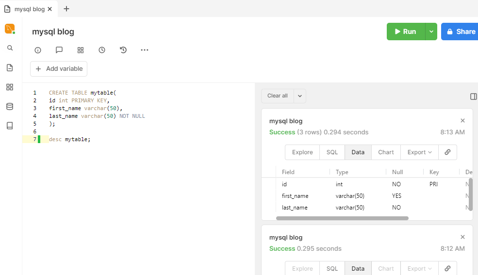 create table query in mysql to understand crud and its role