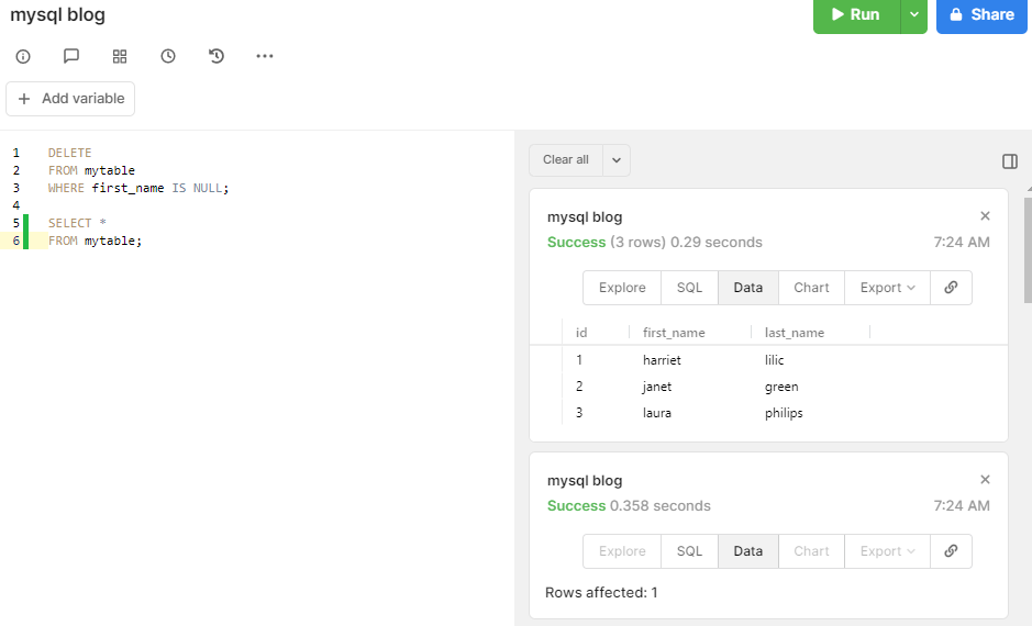 delete keyword in mysql a part of crud operation to remove content of tables