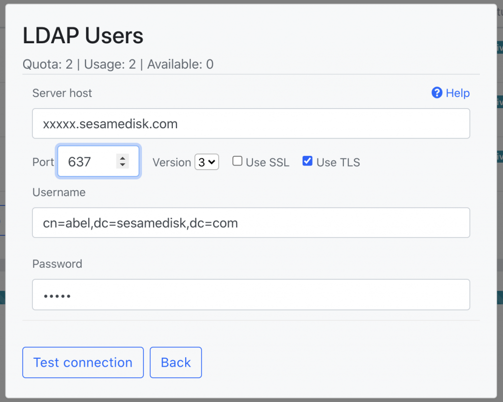 LDAP connect config form.