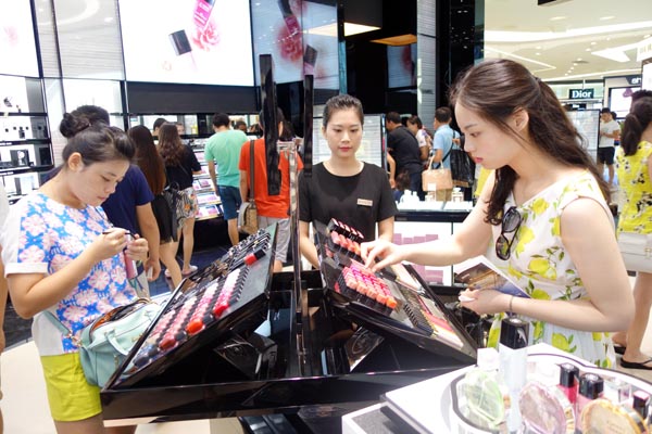 Ladies are seen at a local cosmetic shop
