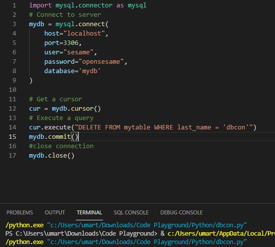 MySQL CRUD deletes rows or tuples of data in python