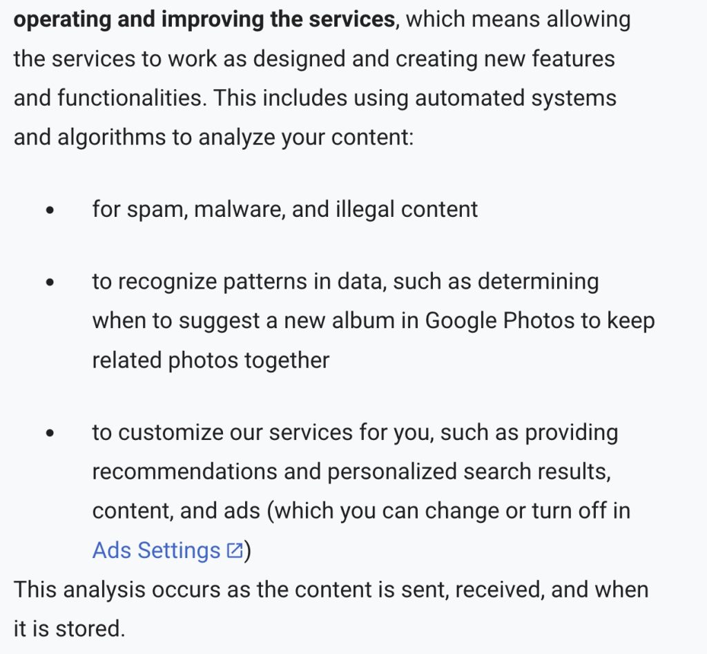 Free cloud storage in Google Drive but Google privacy issue; analyze your content
