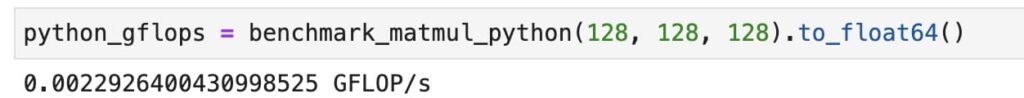 Python code run in Mojo playground shows that it is run at 0.002 GFLOP/s