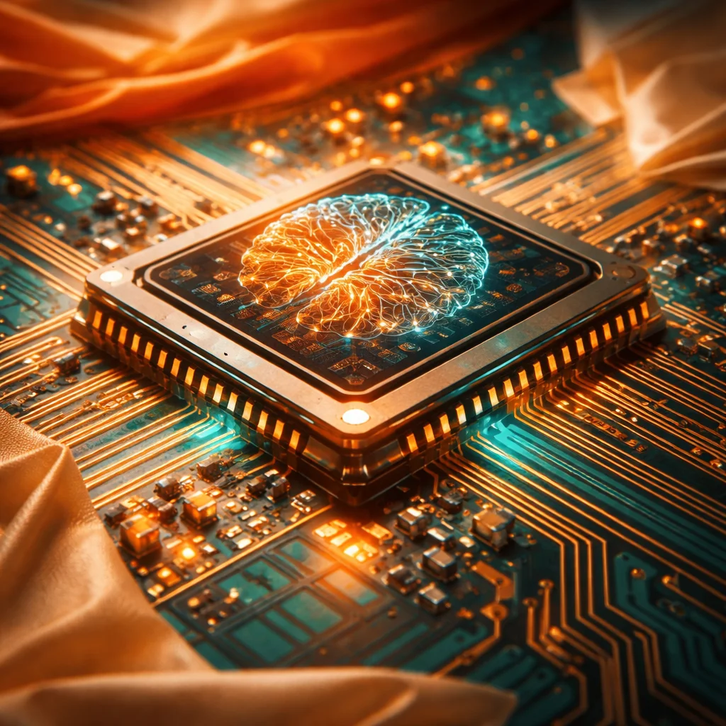 Photorealistic macro of a neural processor chip with dramatic lighting and reflections, set against a silk road color palette of saffron, terracotta, turquoise, and antique ivory, with a clean composition and slight 3D depth.
