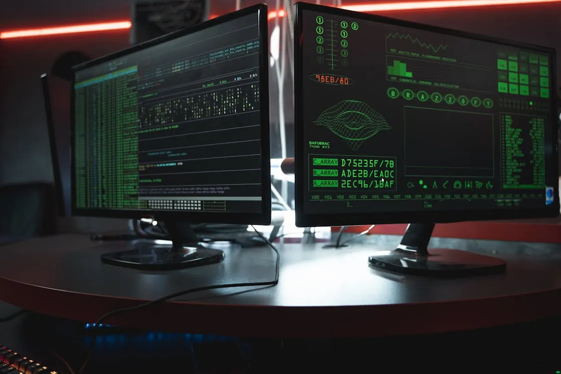 The photo shows two computer monitors displaying complex data visualizations, code, and graphical interfaces related to cybersecurity, hacking, or data analysis, set on a rounded desk in a dimly lit environment with neon lighting, suggesting a high-tech or hacking workspace suitable for a tech or cybersecurity article.
