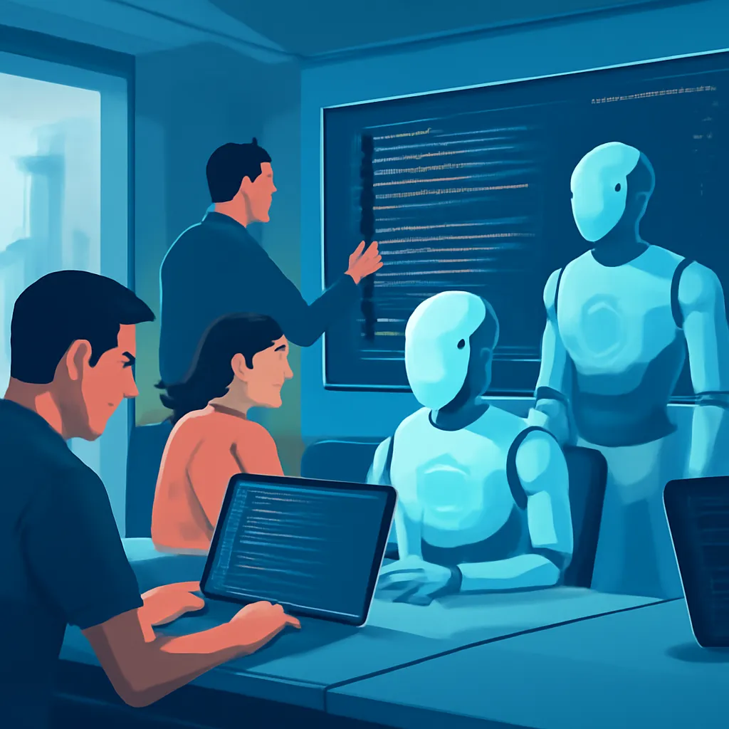 A futuristic office scene with developers collaborating with AI-powered coding assistants, highlighting the integration of AI in software workflows.