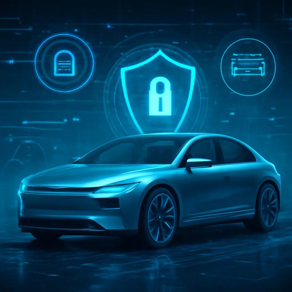 A futuristic electric vehicle with digital security overlays, highlighting cybersecurity themes in an automotive setting.