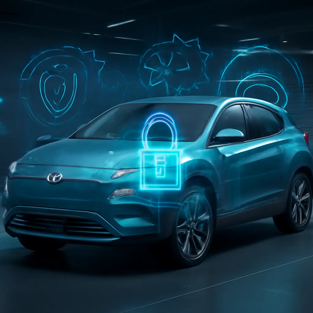 A futuristic Hyundai Kona EV with digital security overlays, highlighting cybersecurity concepts in a modern automotive setting.