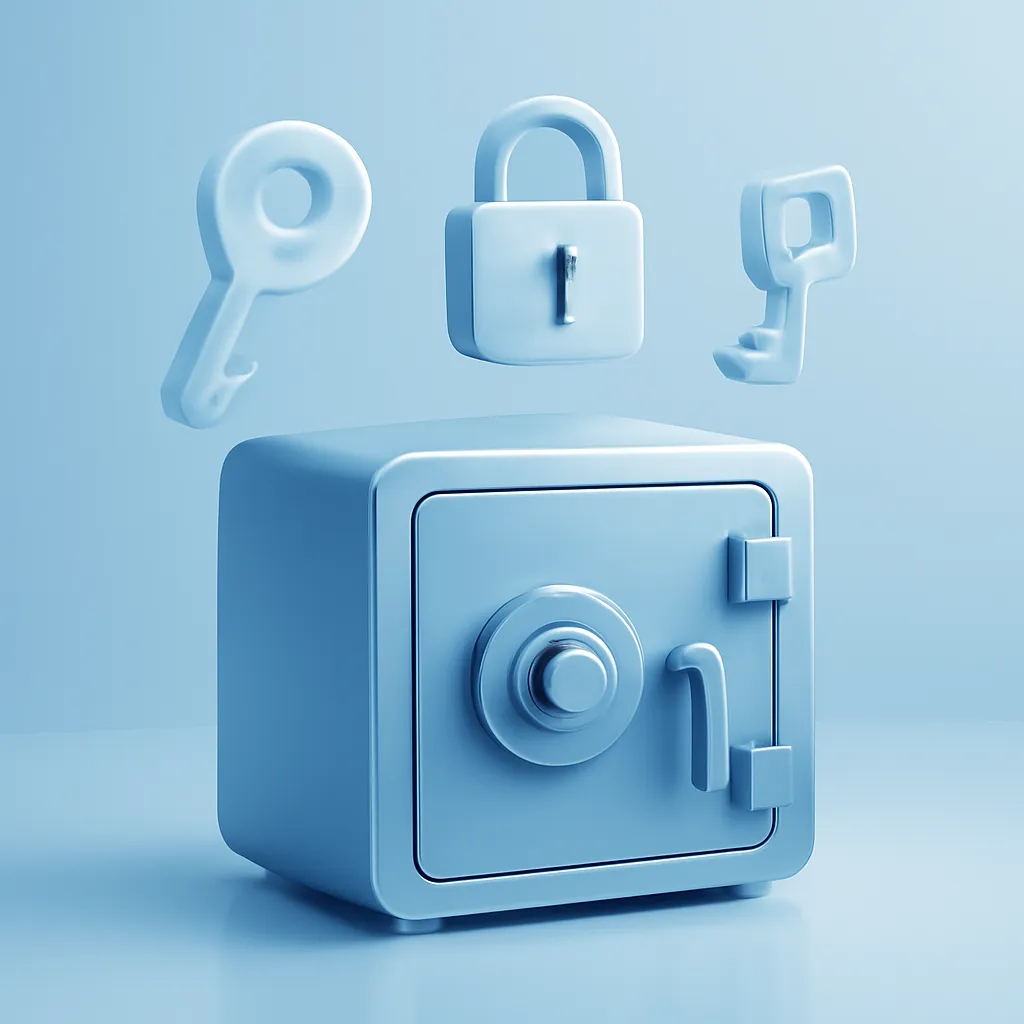 A digital illustration featuring a sleek, modern security vault with cryptographic key symbols and passkeys floating above, set in a clean environment with arctic palette of ice blue, silver, and crisp white, with soft lighting and slight 3D depth.