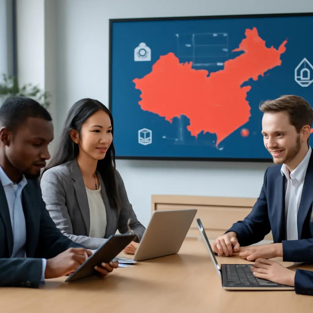 A professional workspace showing international team collaboration with Chinese and Western technology icons, modern office setting, digital devices, and a map of China.