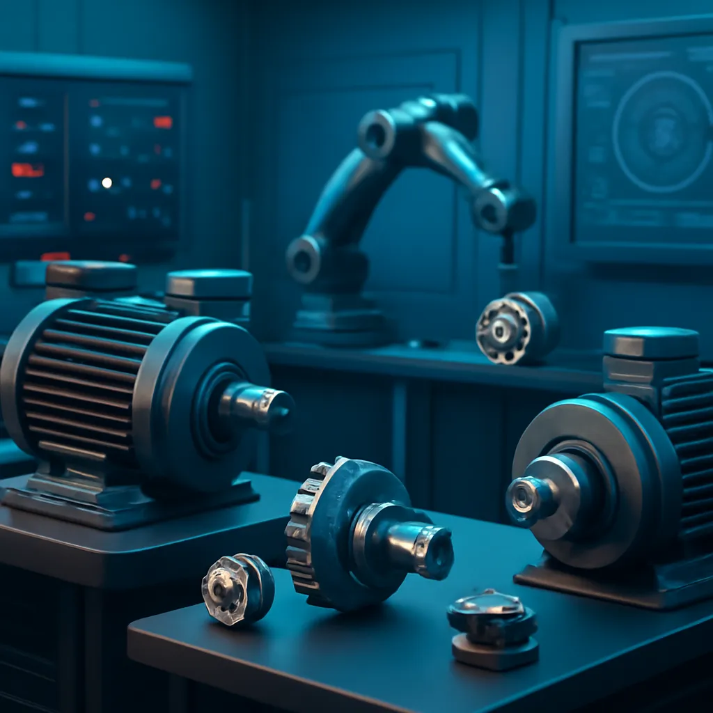 A photorealistic contemporary high-tech robotics laboratory with precision electric motors, gear assemblies, and control panels, featuring deep ocean blues and teals with coral accents, soft lighting, and a clean, well-organized environment that emphasizes mechanical components and their scaling relationships.