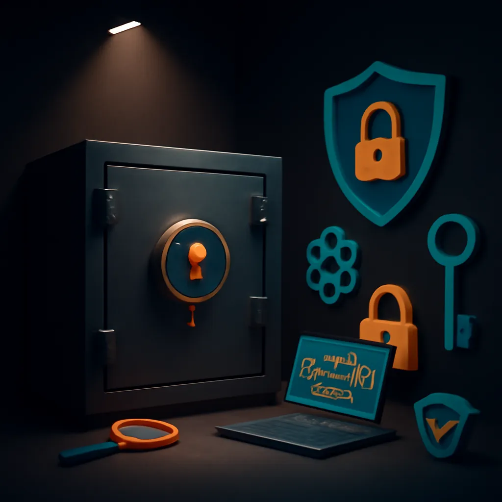 A dark cinematic 3D scene depicting a secure data vault with vibrant coral, turquoise, and sunny yellow highlights, illuminated by a dramatic spotlight, showcasing intricate encryption symbols and cybersecurity tools with deep shadows and a clean composition.