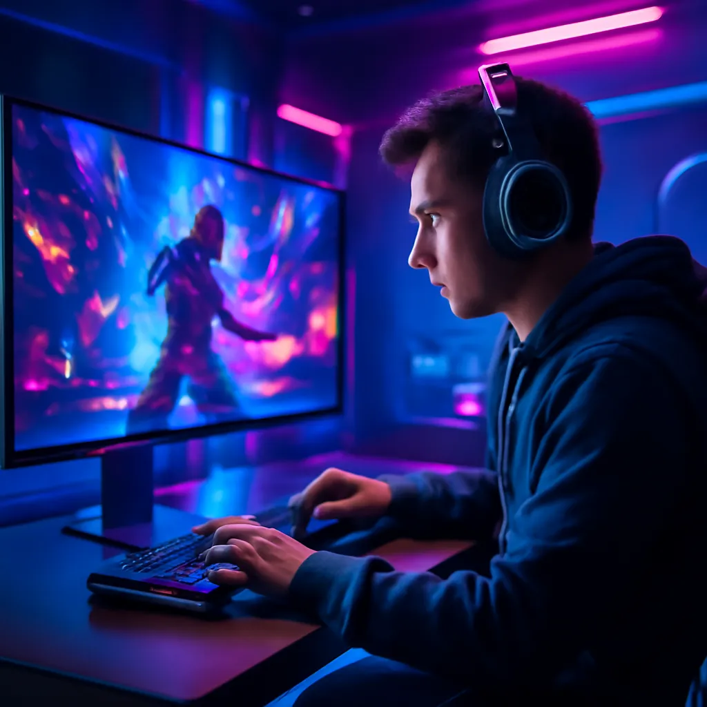 Futuristic gaming scene with vibrant, photorealistic graphics showcasing AI-enhanced rendering and dynamic lighting.