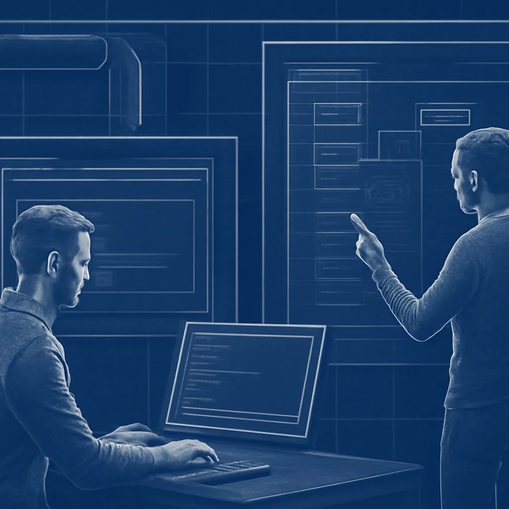 A technical blueprint style scene showing two professionals in a deep blue environment with white lines, engaged with command-line interface tools and code diagrams, featuring industrial gunmetal gray, copper, and concrete textures, with a clean composition and soft lighting, illustrating the process of building CLI tools in Go.