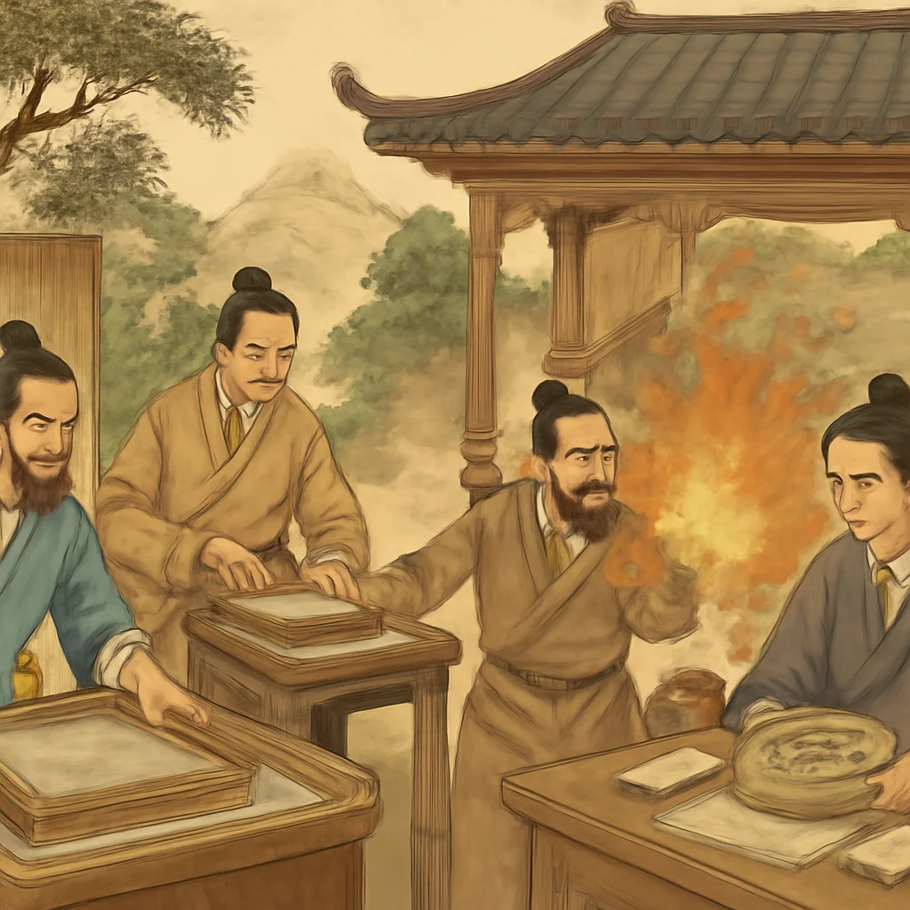 Ancient Chinese scholars demonstrating papermaking, printing, gunpowder explosions, and navigational compass in traditional Chinese setting.