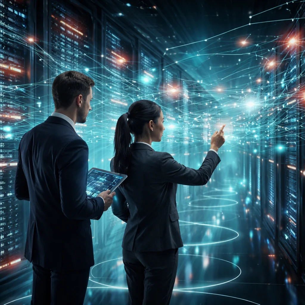 A sleek 3D render scene showing two professionals in a high-tech environment, analyzing a complex digital network of interconnected code streams and servers, with deep ocean blues and teals accented by coral highlights, polished metallic surfaces, and soft lighting.