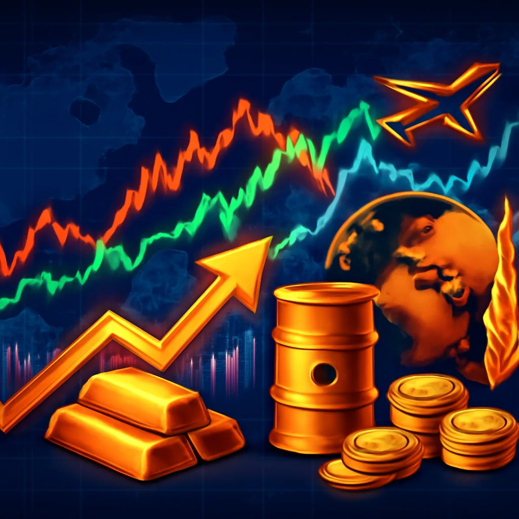 A dynamic financial market scene showing stock charts, commodities, and global geopolitical elements.