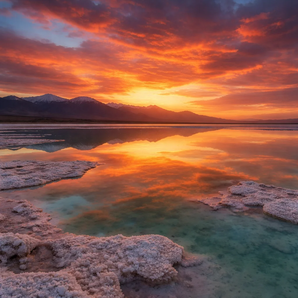 A documentary-style scene showcasing a serene high-altitude salt lake reflecting a vivid sunset sky in warm amber, burnt orange, and deep magenta hues. The scene includes natural salt formations and distant mountain silhouettes, captured with authentic atmosphere and soft lighting, emphasizing the untouched beauty of China's lesser-known landscapes.