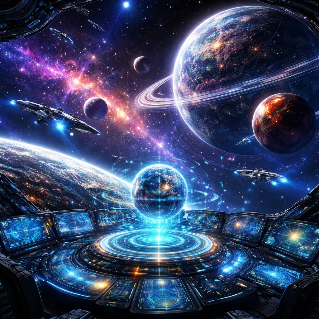 A futuristic space scene with vibrant planets, spacecraft, and AI holographic interfaces, representing the Starfield 2026 update.