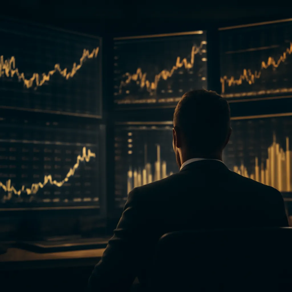A cinematic scene depicting a suited trader in a financial trading room, watching multiple large screens displaying stock market data and graphs with deep navy, gold, and ivory tones, soft lighting, and a sense of dramatic depth.