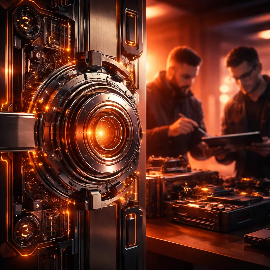 Photorealistic 3D render of a digital lock mechanism with metallic and glass materials, dramatic warm sunset lighting in amber, burnt orange, and deep magenta tones, featuring two professionals in the background engaged with hardware security tools, with a clean, well-balanced composition and slight 3D depth, no text or UI elements.