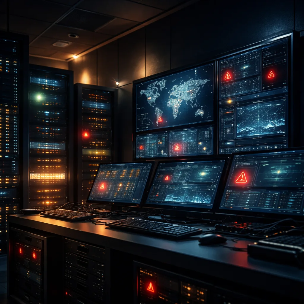 A dark cinematic photo of a server room with deep navy walls, illuminated by soft gold and ivory lighting, featuring security monitoring screens with red warning lights, and a sense of layered digital security infrastructure with slight 3D depth.
