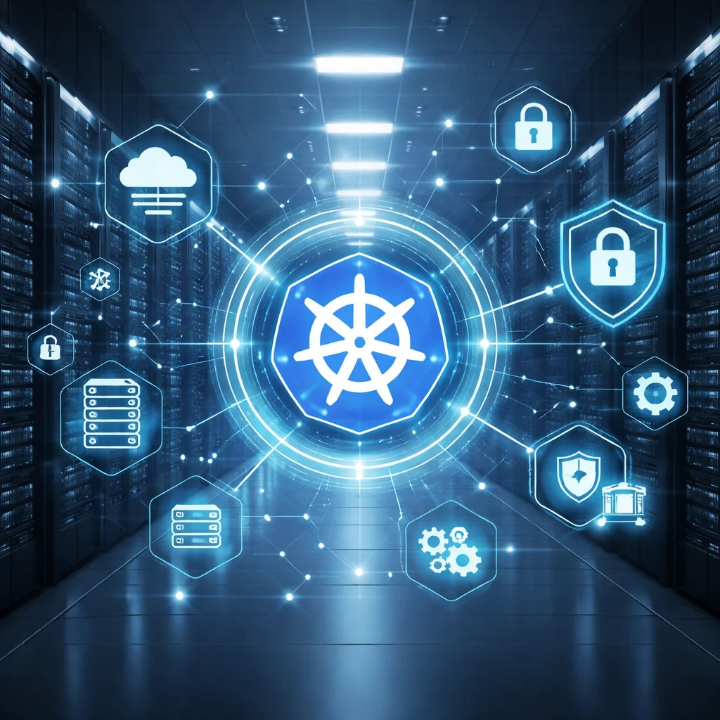 A modern data center with Kubernetes symbols, network diagrams, and security icons, in a professional style.
