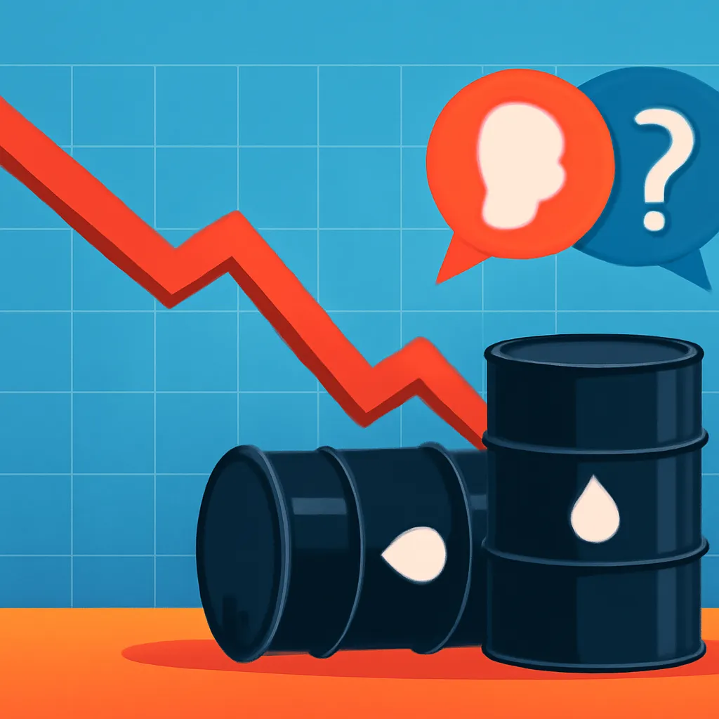 A financial chart showing Nasdaq index decline with oil barrels and debate symbols in the background