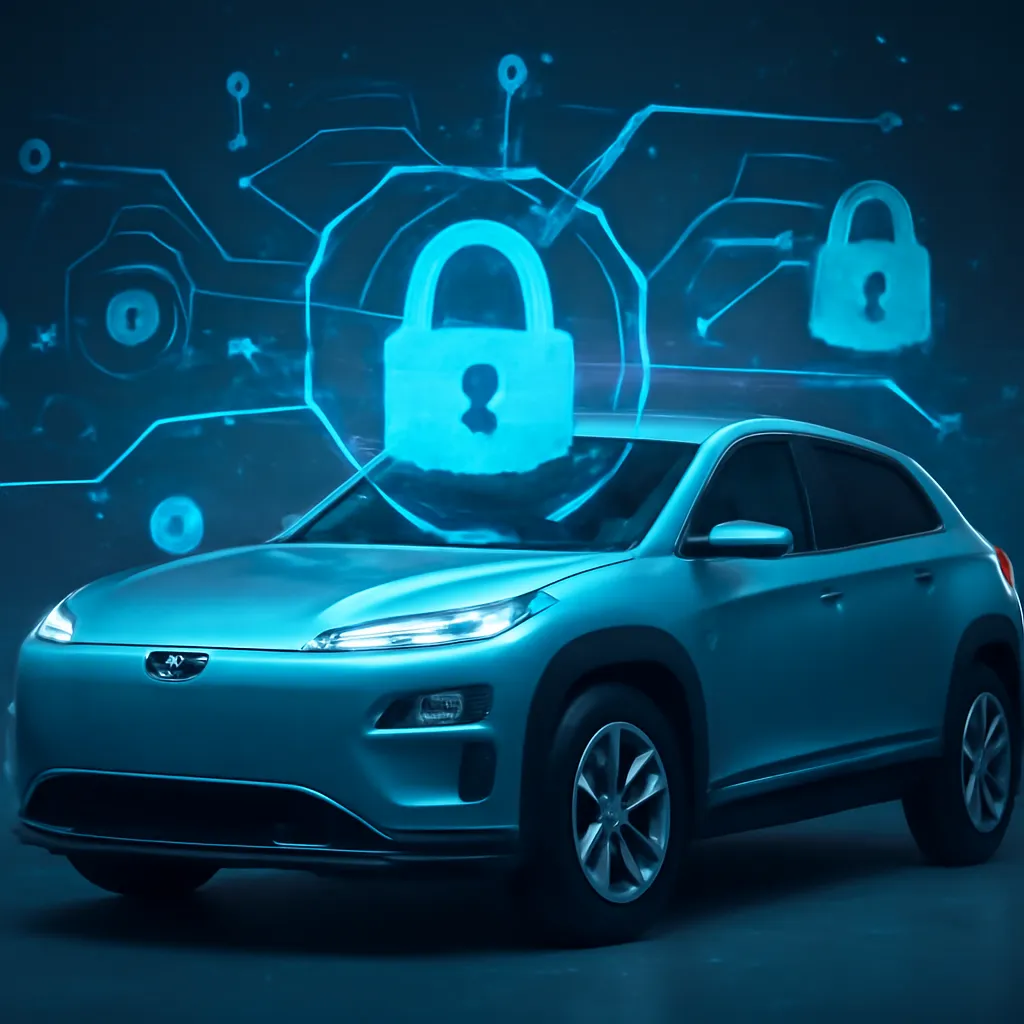 A Hyundai Kona EV with digital security overlay, illustrating cybersecurity vulnerabilities in electric vehicles.