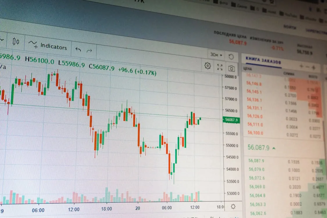 Candlestick trading chart on a monitor showing market fluctuations and upward movement