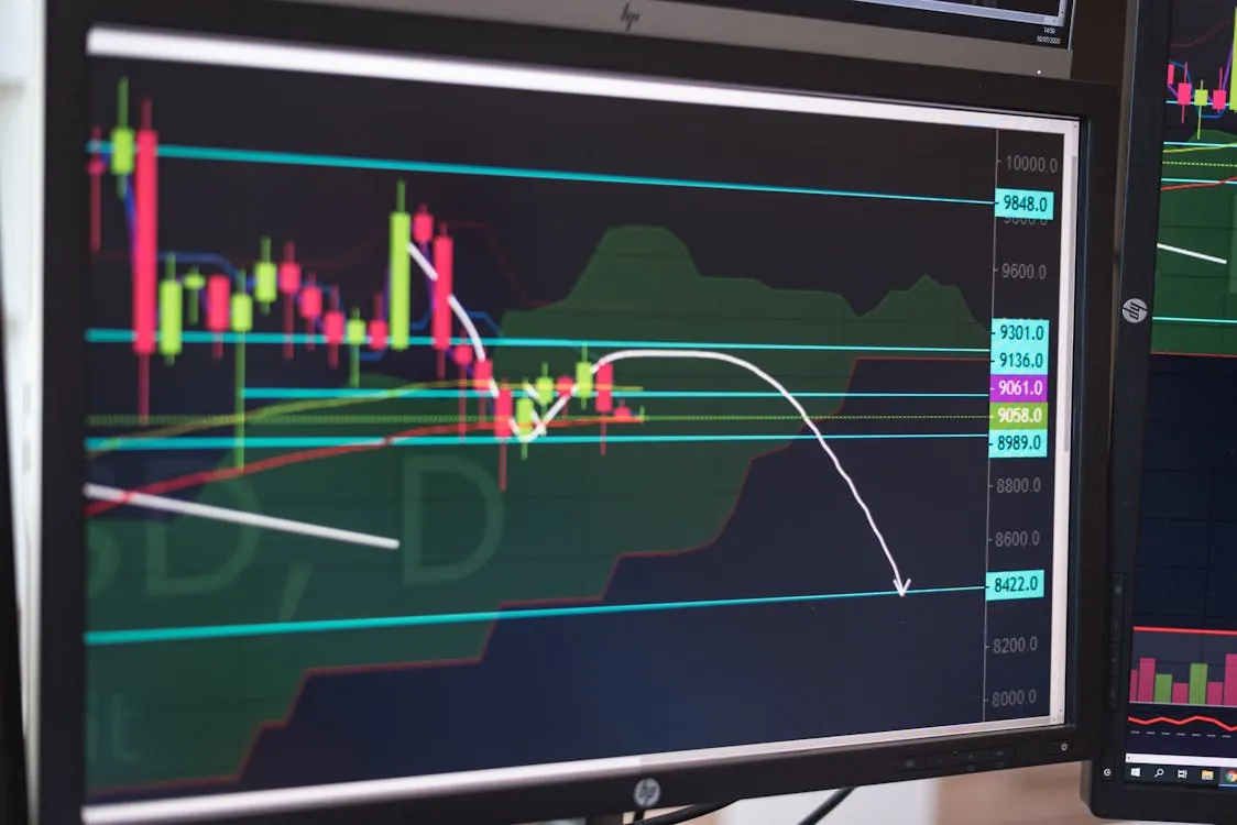 Trading chart on a monitor showing candlestick patterns and a declining market trend