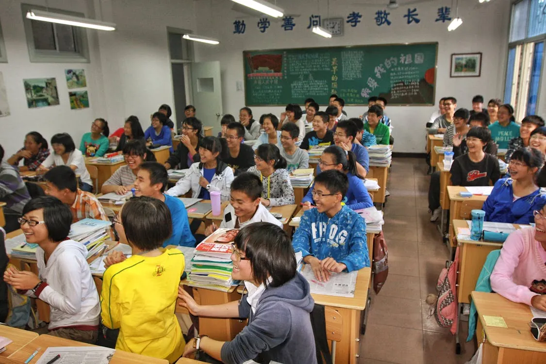 Modern Chinese classroom with students