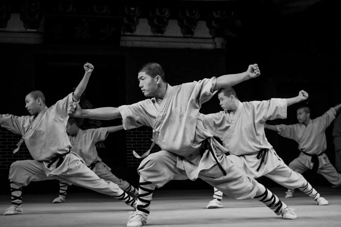 A group of martial artists performing a synchronized kung fu routine, representing the diverse philosophies of Chinese martial arts styles.