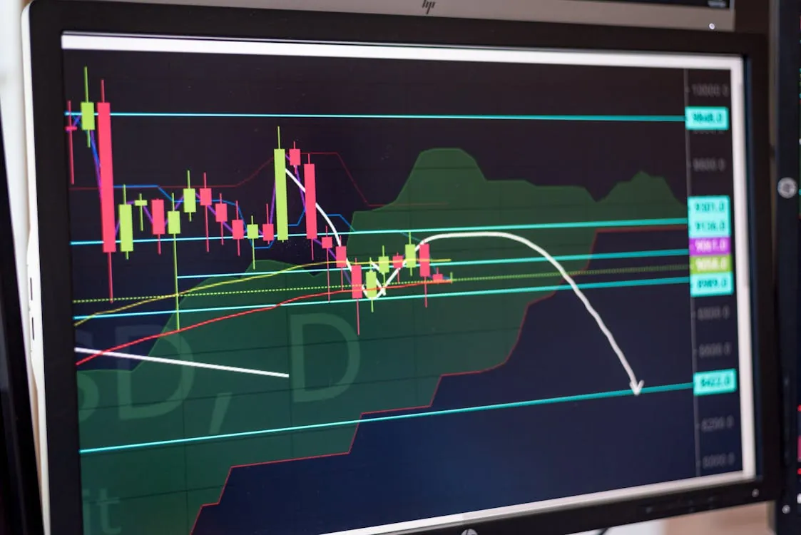 The photo shows a computer monitor displaying a stock or cryptocurrency trading chart with candlestick data, trend lines, and technical indicators, suggesting market analysis or volatility. It would suit an article discussing financial markets, trading strategies, or investment risk analysis.