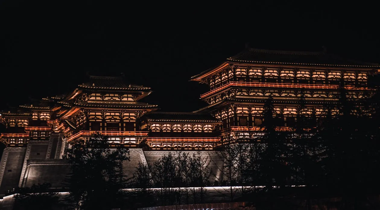 This photo shows a traditional Korean-style palace illuminated at night, with intricate architecture and multiple tiers visible against a dark sky, framed by silhouetted trees in the foreground. It would suit articles about cultural heritage, architecture, or nighttime景观.
