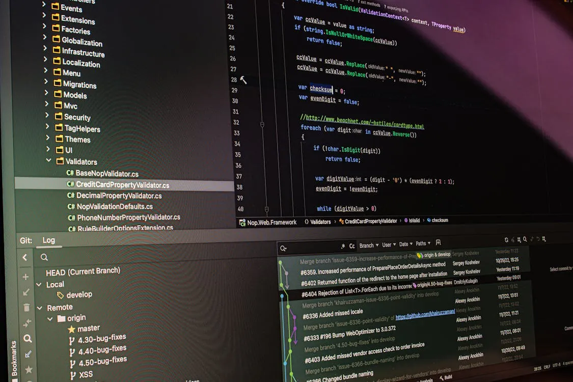 This photo shows a computer screen displaying a software development environment with a focus on C# programming files related to validation and property validation, alongside a Git version control interface showing branch merges, commit history, and code changes. It is suitable for an article about coding, version control, or software development workflows.