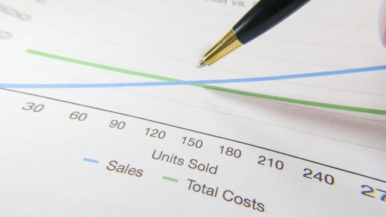 This image shows a close-up of a financial or sales report, with a pen pointing at a line graph that tracks units sold, sales, and total costs over a period of time. It’s suitable for articles about business performance, sales analysis, or economic reporting.
