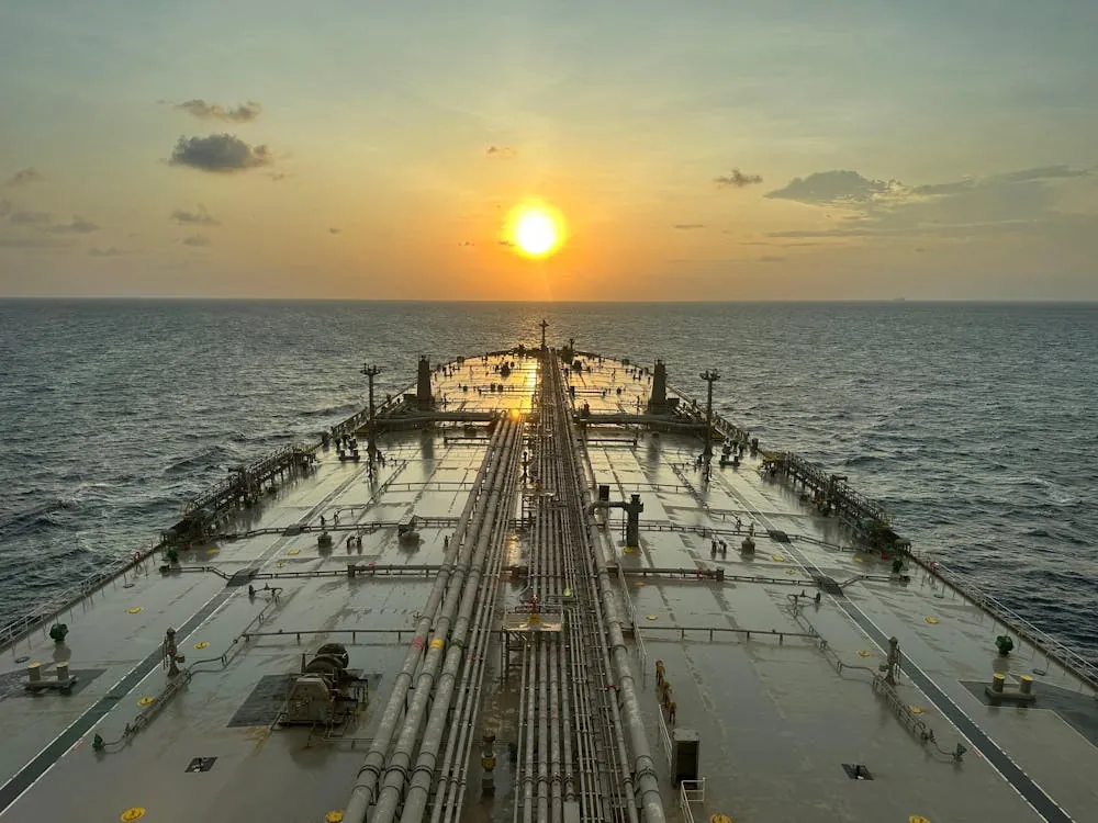 Oil tanker at sea representing crude oil supply and geopolitical shipping risk