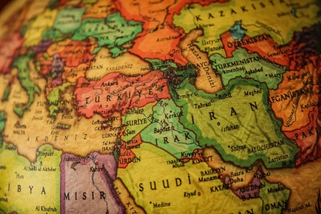Close-up of a colorful map depicting countries of the Middle East.