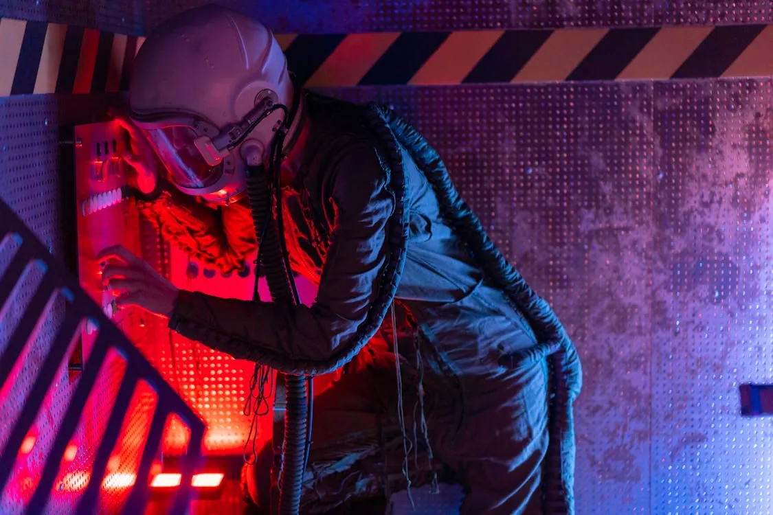 Person in helmet interacting with a red-lit control panel in a futuristic industrial environment