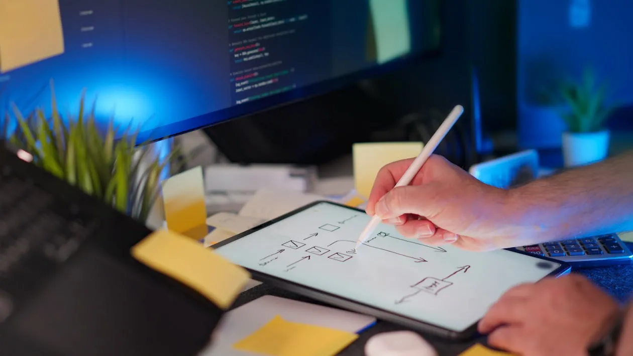 A vibrant workspace featuring digital sketching on a tablet and code on a monitor, representing modern software architecture and planning.