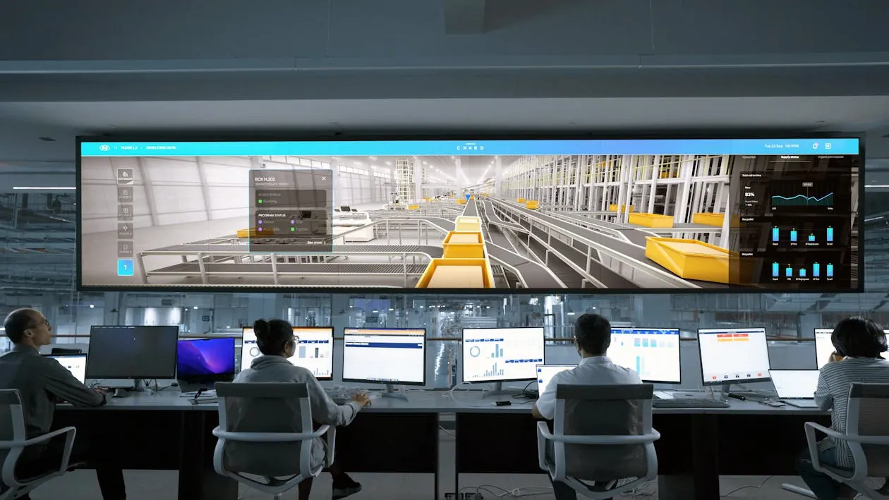 This photo shows a group of professionals working in a control room with multiple computer monitors, observing a large digital display of an automated warehouse or logistics system with conveyor belts and storage bins, highlighting a focus on warehouse management, automation, or supply chain operations.
