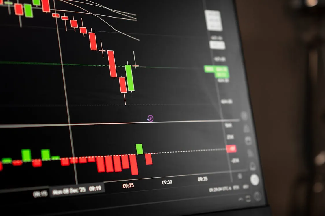 This image shows a close-up of a computer screen displaying a financial trading chart with candlestick patterns, depicting market volatility and trading activity, suitable for an article on stock market analysis or trading strategies. Notable details include the red and green candlesticks, volume bars, and technical indicators used for evaluating market trends.