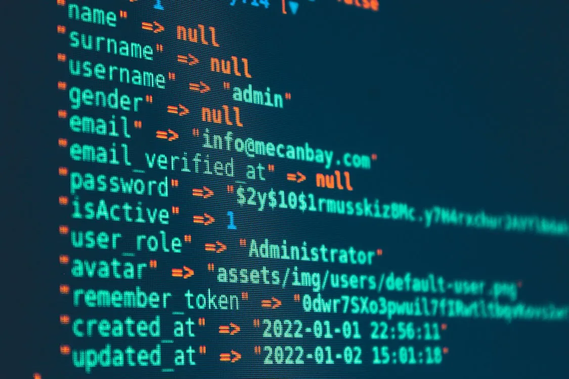 This photo shows a close-up of a computer screen displaying a JSON data structure with user information, including email, username, role, and timestamps for creation and update, likely related to system or database management. It would be suitable for articles discussing cybersecurity, data management, or coding/debugging topics.