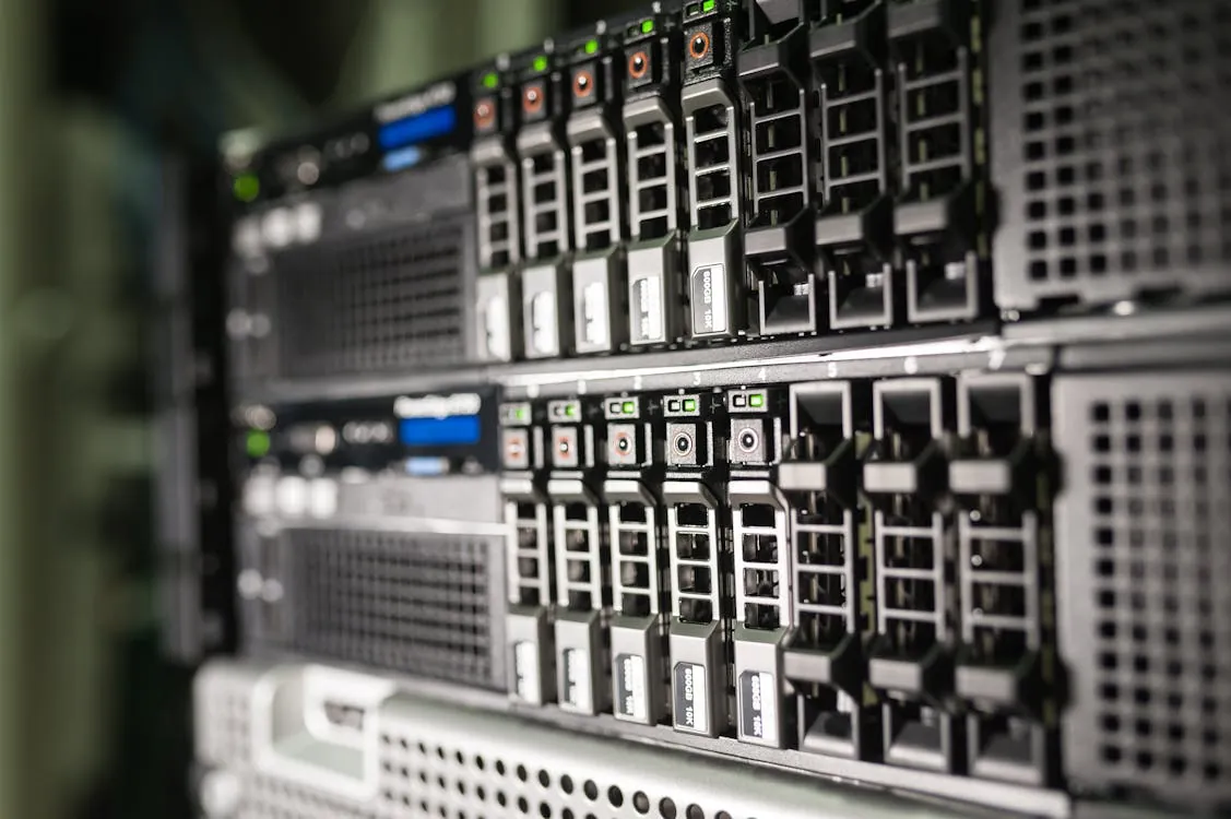 Modern cloud computing data center with servers and network infrastructure