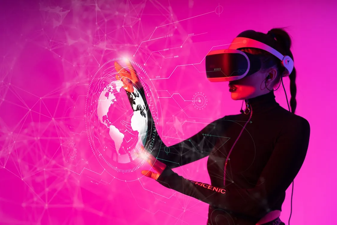 A woman interacts with a VR hologram in a futuristic studio setting, representing the importance of technology in 2026.