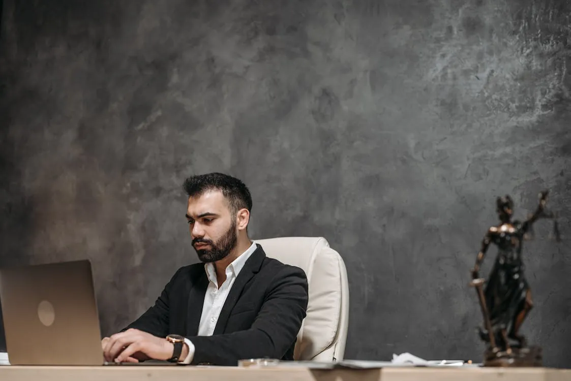 Lawyers collaborating with AI tools in modern office env