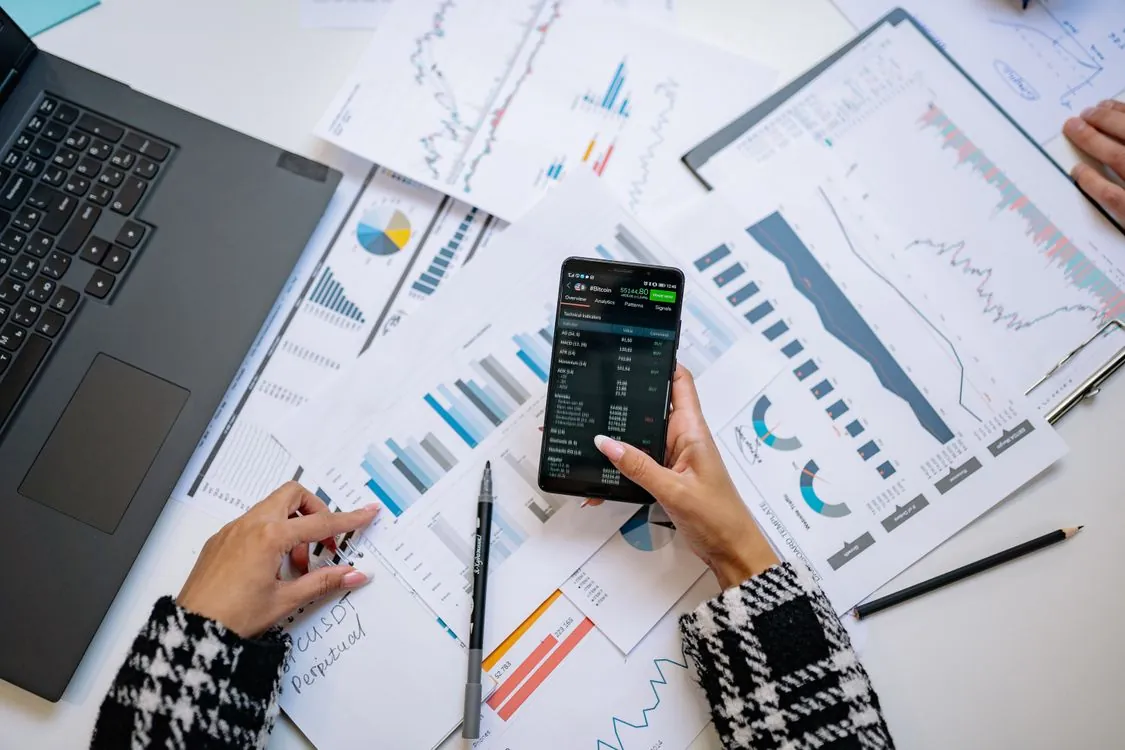 Business technology analytics screens in office for digital platform analysis