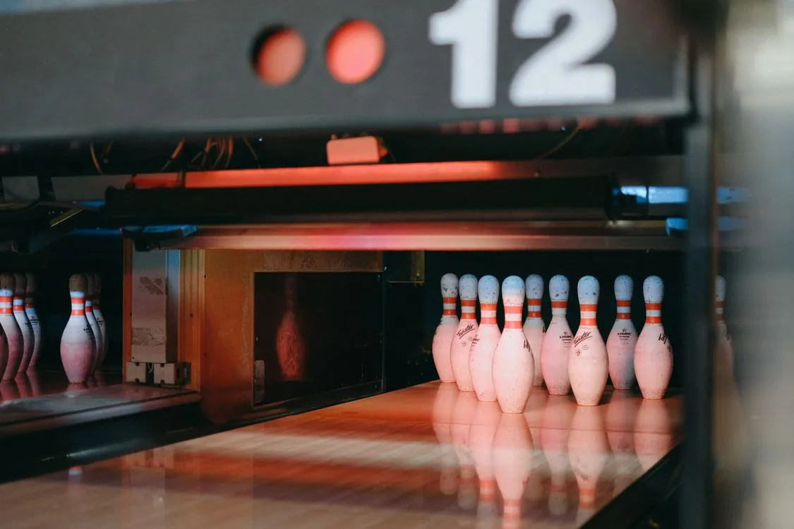 Bowling alley lane with pins set up